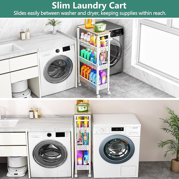 Vivihomety 4-Tier Slim Utility Rolling Laundry Cart with Wheels, Metal | Narrow 7.1" wide, Lockable wheels, wood top panel, metal frame, with handle, for laundry, bathroom, kitchen, white