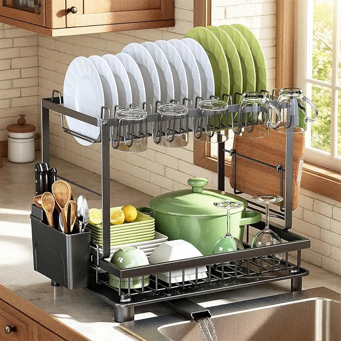 Dish Drying Rack, 2 Tier Space-Saving Dish Rack, Multifunctional Dish Drainer for Kitchen Counter with Drainboard/Utensil/Cup Holder Rustproof Carbon Steel, Black