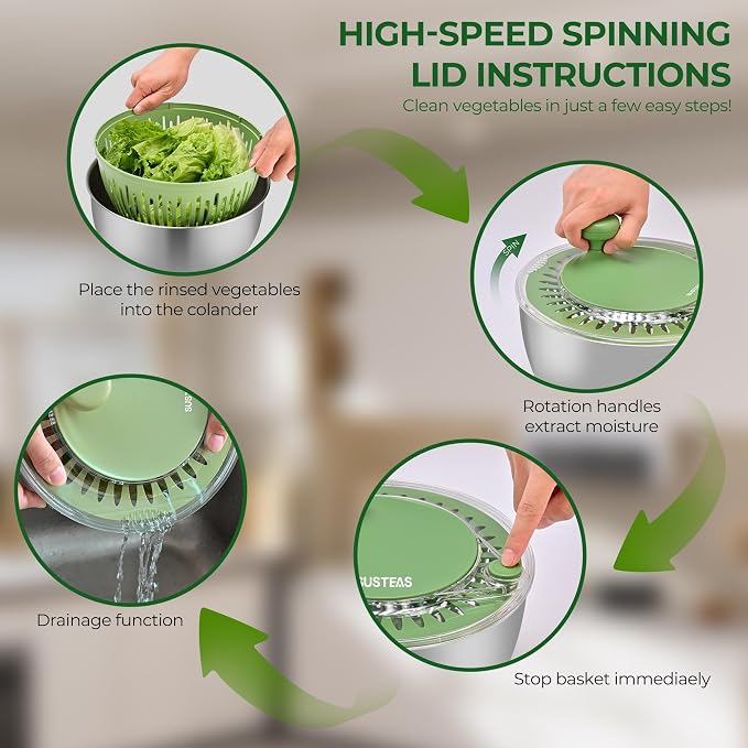SUSTEAS Salad Spinner with Slicer and Stainless Steel Salad Spinner with Slicer, 4.2QT