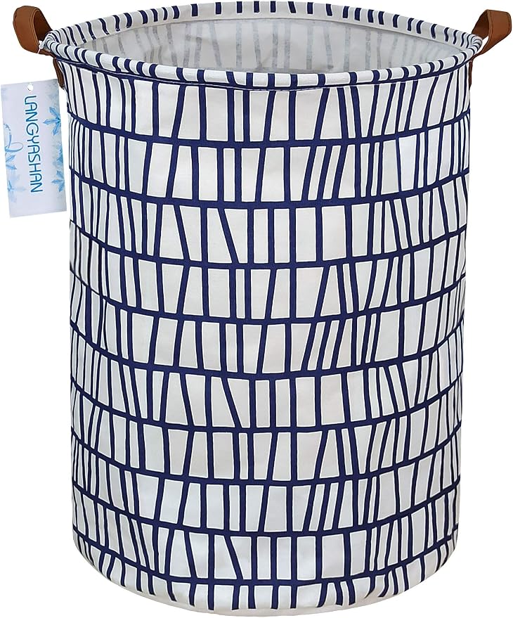 Round Laundry Basket Collapsible Storage Hamper Organizer Blue Stripes | Waterproof Canvas Foldable Baskets with sturdy Handles Multi-scene Organizer for Home Play Bedroom Gift Bin
