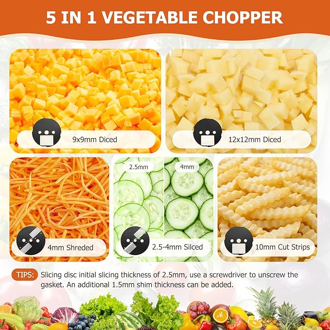 5-In-1 Electric Vegetable Chopper, Commercial Vegetable Slicer | Stainless Steel Blades, 100W Motor, Dual Chutes, Veggie Dicer with Slicing Shredding Striping, for Onion Potato Cabbage Fruit