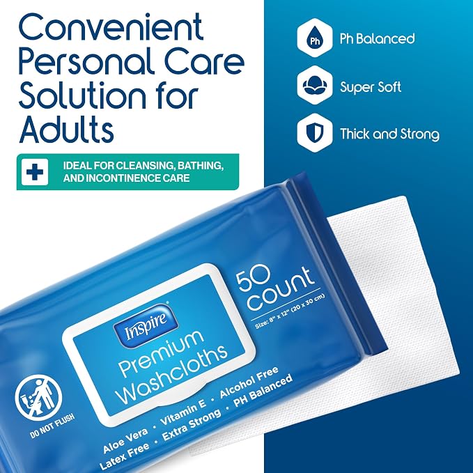 Inspire Adult Wet Wipes, Wash Cloths, Incontinence & Cleansing for Elderly Extra Large, 8"x12" (300 count)