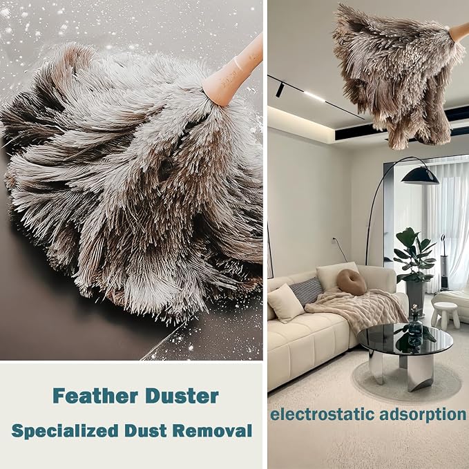 DDZMZ Ostrich Feather Duster for Cleaning with Wooden Handle,16",Brown | Genuine Natural Fluffy,Reusable and Washable,Gentle on Delicate Surfaces,for Home,Furniture,Desk