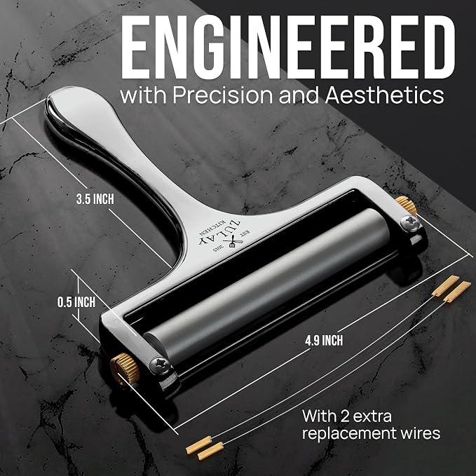 Zulay Kitchen Stainless Steel Wire Cheese Slicer - Adjustable Hand Held Cheese Cutter with 2 Extra Wires - Premium Cheese Shaver For Mozzarella, Cheddar, Gruyere - Cheese Cutter with Wire (Gunmetal)
