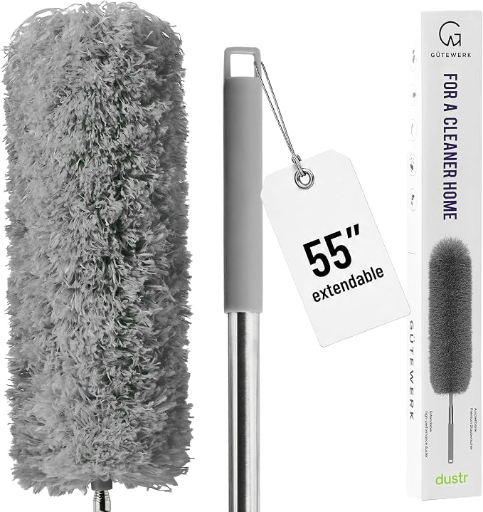 GÜTEWERK Extendable Microfiber Duster, 55 Inch - Feather Dusters for Cleaning Ceiling Fans, Blinds, Baseboards & High Ceilings - Washable, Electrostatic, 360° Bendable Head, Stainless Steel Pole