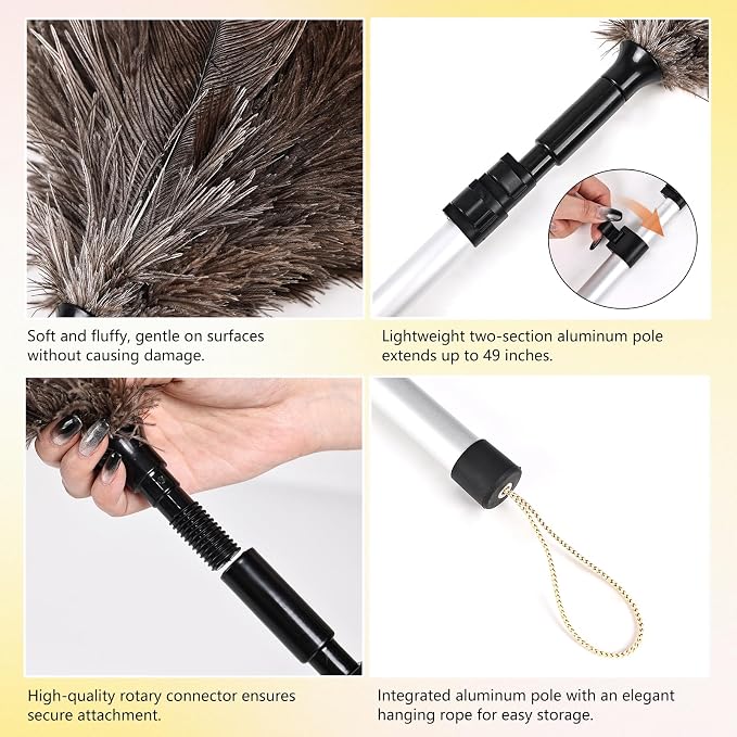 Extendable Ostrich Feather Duster 26-49 Inch, Natural Cleaning Duster with Aluminum Extension Pole Reusable for High Ceilings, Fans, Blinds, Furniture, Interior & Roof Dusting