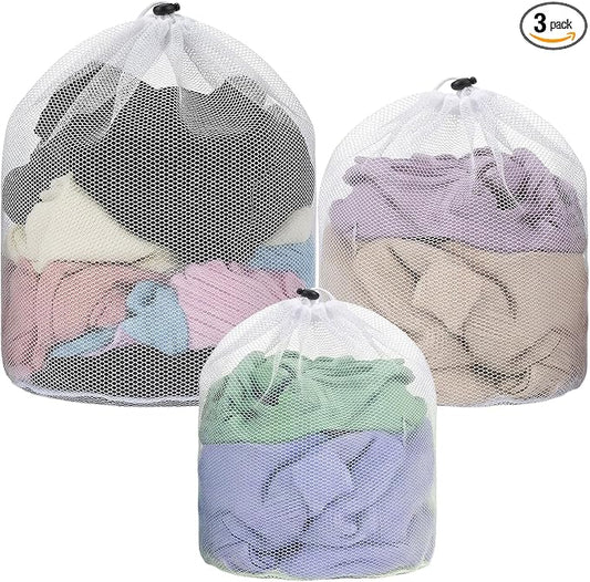 3 Pcs Mesh Laundry Bags, Drawstring Net Bags for Laundry Mesh Wash Bag Garment Bag for Washing Machine Home College Dorm Hotel Travel Family and Apartment Dwellers Use (3 Sizes)