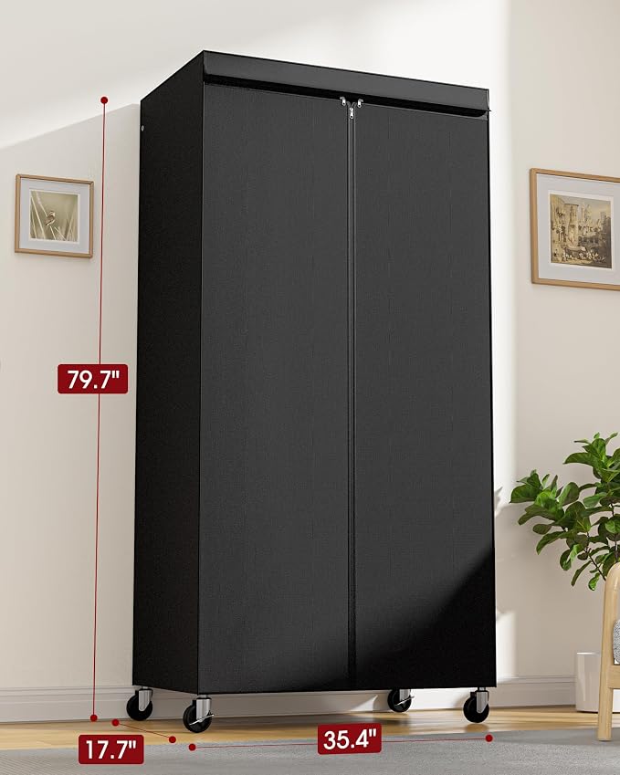 Sakugi Clothes Rack with Cover, Wardrobe Closet with Lockable Wheels, 35.4" x 17.7" x 79.7", Rust-Resistant, Black