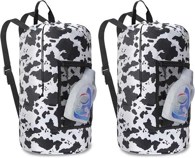Laundry Bag Backpack Durable Laundry Bag with Shoulder Straps and Mesh Pockets Portable Laundry Hamper Dirty Clothes Bag for College, Travel, Laundromat, Apartment (Cow Print)