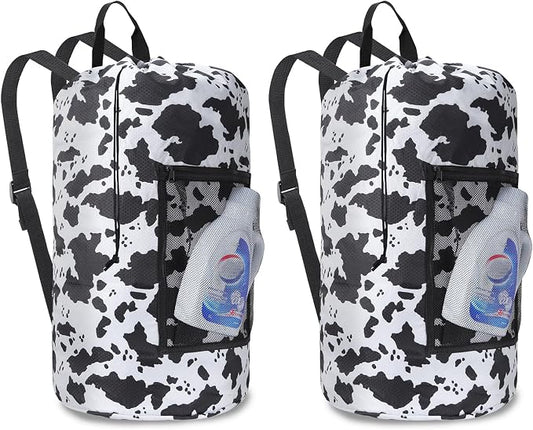 Laundry Bag Backpack Durable Laundry Bag with Shoulder Straps and Mesh Pockets Portable Laundry Hamper Dirty Clothes Bag for College, Travel, Laundromat, Apartment (Cow Print)