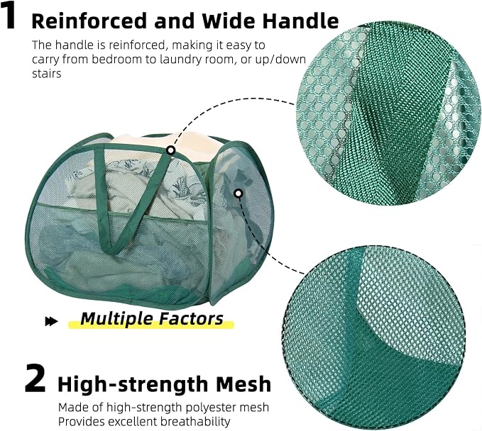 Collapsible Laundry Basket, 90L Mesh Pop-up Hamper with Handles | Foldable Storage Clothes Bag for Laundry, Bathroom, Dorm, Travel, Camping, Space-saving, Green