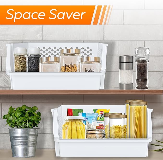 XLarge Stackable Storage Bins Open Front for Pantry Storage, 6 Pack - White | Sturdy Plastic, Easy Stacking, Open Front Access, Ventilated Sides, Vertical & Space Saving Pantry Organizers and Storage Bin