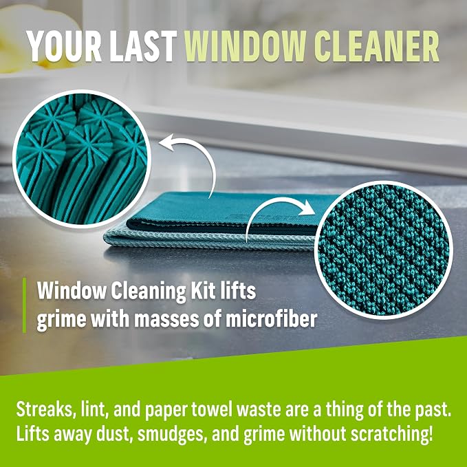 E-Cloth Microfiber Window Cleaning Cloth Kit - Glass Cleaning Cloth for Windows, Mirrors, Cars, Lenses, Eyeglasses, & More, Streak Free Clean, Machine Washable Reusable Towel - Green