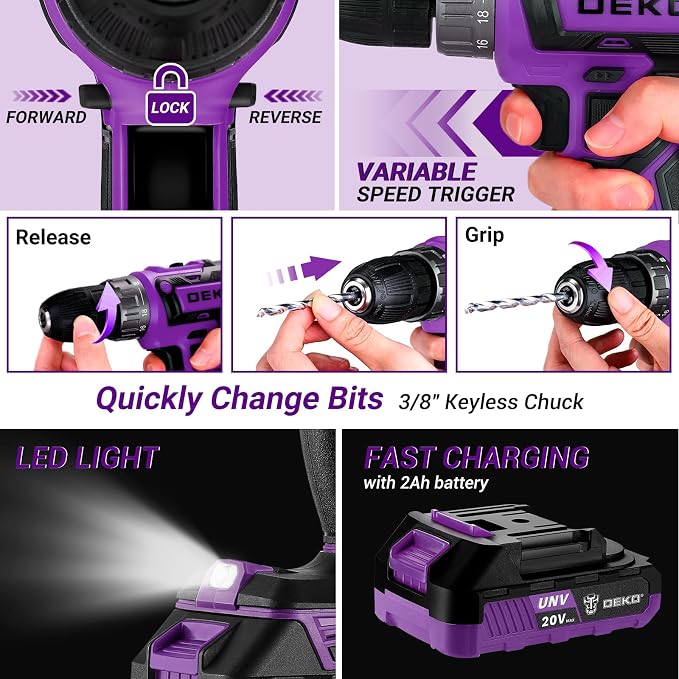 Drill Tool Kit Set: 20V Cordless Power Drill Tool Box with Battery Electric Drill Driver for Men Home Hand Repair Basic Toolbox Tools Sets Drills Case, Purple