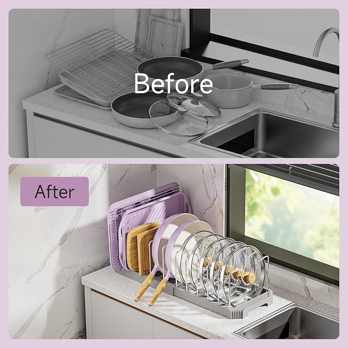 MUDEELA Pots and Pans Organizer under Cabinet, Pan Pot Organizer Inside Cabinet, Expandable 12.9''-21.88'' Pot Lid Organizer Holder with 12 Adjustable Dividers for Cutting Boards, Pan Lid Rack, Grey