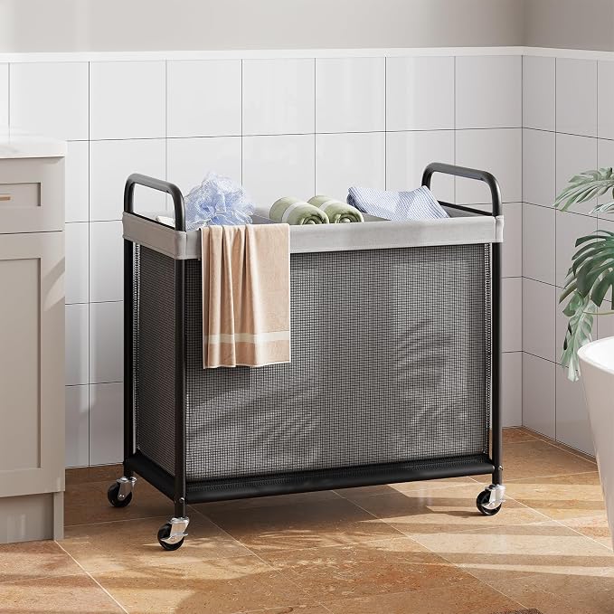ELYKEN Laundry Hamper 3 Section, 120L Rolling Laundry Sorter with Wheels | Removable Washable Liner Bags, Sturdy Steel Frame and Metal Handle, 3 Compartment Clothes Organizer for Laundry Sorting