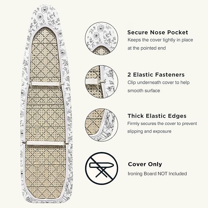 UniSimp Ironing Board Cover and Pad 15"x54" Extra Thick Natural Cotton, Scorch and Stain Resistant Padding, Standard Size Iron Board Cover with Fasteners Heavy Duty Elastic Edge, Heatproof Rose
