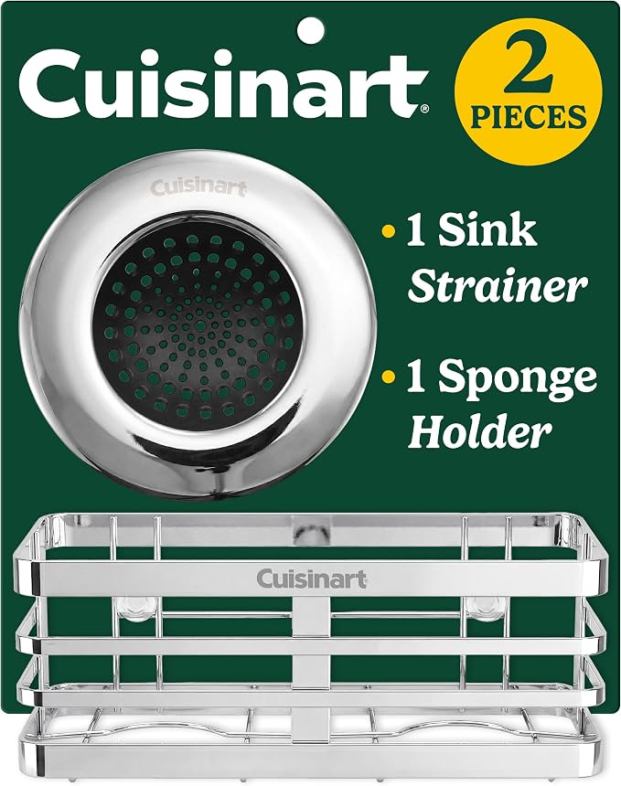 Cuisinart 2 Piece Sink Set – Sink Drain Strainer with Stainless Steel Rim & Silicone Mesh Base & Sponge Holder for Kitchen Sink, Metal Caddy with Triple Suction Cups, Daily Kitchen Essentials