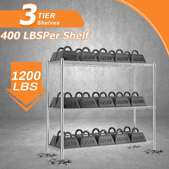 ROOMTEC 3-Tier Wire Shelving Unit,48" W*20" D*47" H,Max Load 1200 lbs | Small Garage Shelves, Heavy Duty Storage Shelf, Adjustable Metal Shelf Rack for Kitchen, Laundry, Pantry, Warehouse, Basement