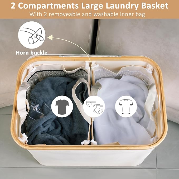 iEGrow 150L Laundry Basket with Lid,Large Laundry Hamper with Bamboo Handle,Foldable Dirty Clothes Hamper Organizer with 2 Removable Inner Bags for Clothes Towels - Beige