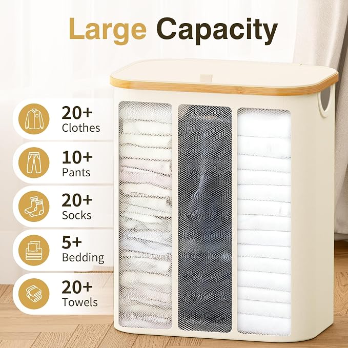 Hampers for Laundry Basket with Lid, 160L Large Laundry Hamper 3 Section | Dirty Clothes Hamper Separator with 3 Removable Bags & 5 Labels, Divided Laundry Organizer for Bedroom, Laundry Room, Beige