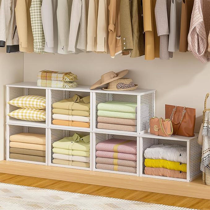 2 Pack Stackable Closet Organizers and Storage Basket, Closet Shelves with Wood Top Extra Storage, Multifunctional Clothes Organizer Bins/Cube Storage Drawer for Wardrobe Kitchen Laundry Room, White