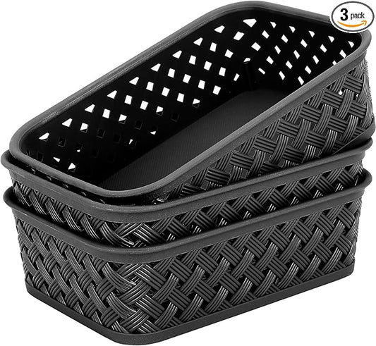 MaxGear Organization and Storage 3 Packs, Plastic Bins Organizer Bins, Woven Baskets for Storage, Plastic Baskets with Handles, Black Basket for Organizing, Basket Organizer for Home and Office, Small