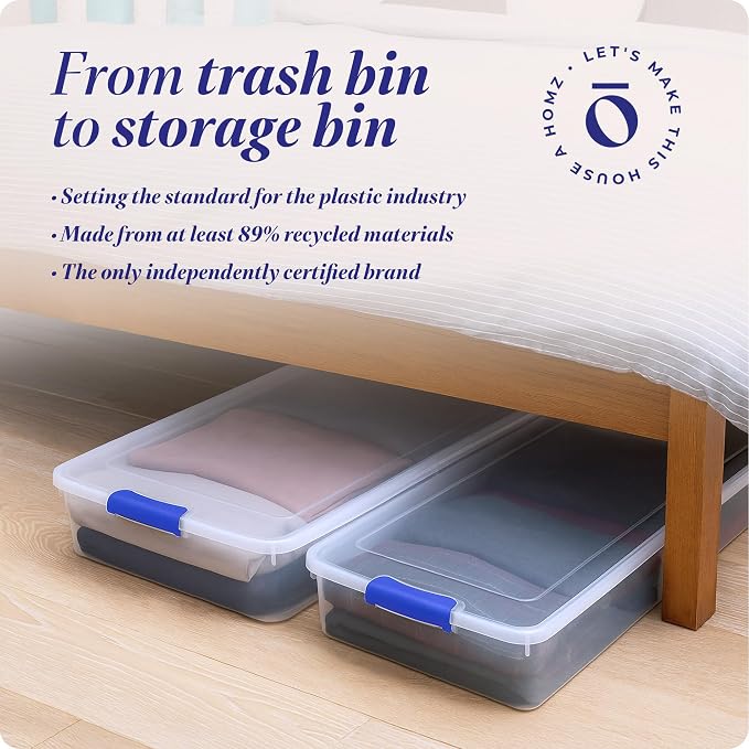 HOMZ 60 Quart Clear Plastic Underbed Storage Bins, Pack of 2 Large Organizer Containers with Secure Latching Lids, Easy Grip Handles and 4 Gliding Wheels, Stackable and Nestable