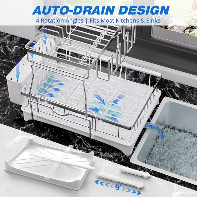 Godboat 2-Tier Dish Drying Rack - 304 Stainless Steel Dish Rack Auto Drain | Dish Racks for Kitchen Counter, Dish Drainer with Knife Fork & Cup Rack, Gifts for Women, Mothers Day, Kitchen Gadget, Silver