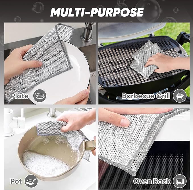 Orighty 24 Pcs Multipurpose Wire Dishwashing Rag, Non-Scratch Wire Dish Cleaning Cloths for Wet and Dry, Reusable Steel Scrubber for Kitchen, Powerful Dishcloth Rag for Cookware, Dish, Stove-7"x8"