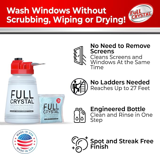 Full Crystal Window Cleaner, Bottle + 16oz Powder, Cleans Up to 20 Windows
