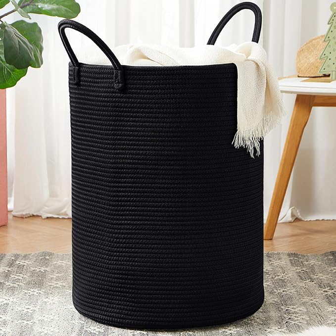 80L Large Black Hamper Woven Tall Laundry Basket for Clothes | Cotton Rope Modern Blanket Storage Basket in Living Room Bedroom 16Dx22H inches