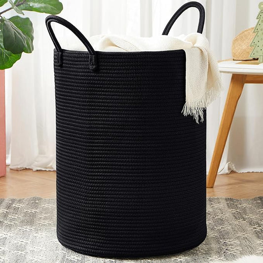 80L Large Black Hamper Woven Tall Laundry Basket for Clothes | Cotton Rope Modern Blanket Storage Basket in Living Room Bedroom 16Dx22H inches