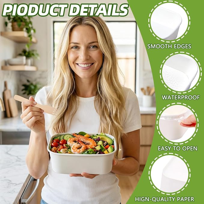 50 Pack 29 oz Paper Food Containers with Lids, Meal Prep Containers Disposable Large Paper Bowls, Microwavable and Freezer Storage Use Cardboard Food Containers (White)