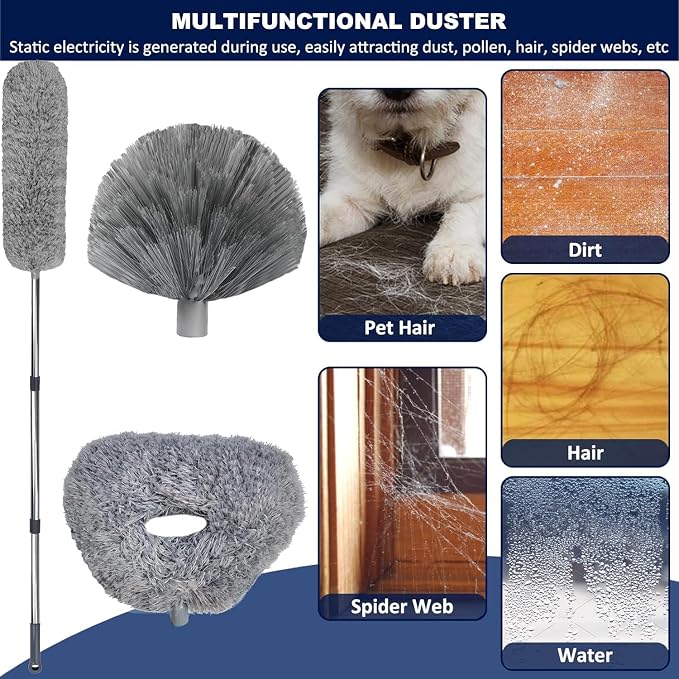 20+ Ft High Reach Ceiling Fan Duster & Cobweb & Corner Brush Duster with 3-14 ft Spliceable Pole Microfiber Feather Duster for Spider Web, High Ceiling, Blinds, Furniture Cleaning Tool Kit