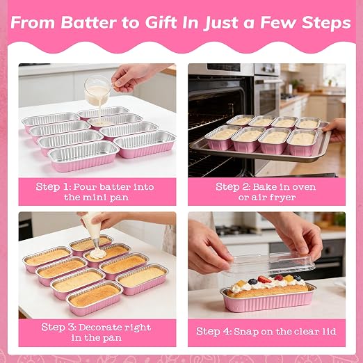 NPLUX Mini Cake Pans with Lids and Spoons, 50 Pack Pink Mini Loaf Pans with Lids, Mini Cake Containers for Baking, Mini Cheesecake and Party Desserts, Graduation Gifts Party Favors