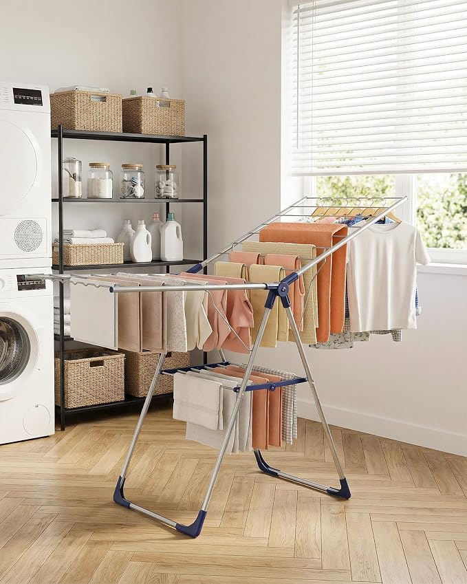 Sakugi Clothes Drying Rack, 55.5" Adjustable Wings, Foldable Design | Laundry Room, Bedroom, Outdoor & Indoor Use, Height Adjustable, Collapsible, Silver Blue, 55.5" L × 22.8" W