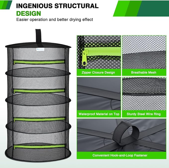 Yesker 4 Layer Herb Drying Rack Hanging Mesh Net Foldable Plant Drying Racks 24" Diameter with Green Zipper & Hook Dryer Hanging Rack for Herbs Seed Bud Fruit Clothes Grow Tent Closets Garden Outdoor