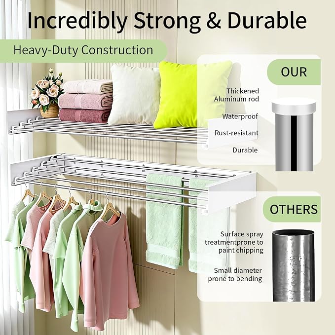 Wall Mounted Clothes Drying Rack Foldable 31.5" Laundry Room Space Saving | Heavy Duty 60 lb Load Drying Rack for Towels, t-Shirt, Jacket & DelicateClothes for Apartment, Bathroom, Laundry Room & RV