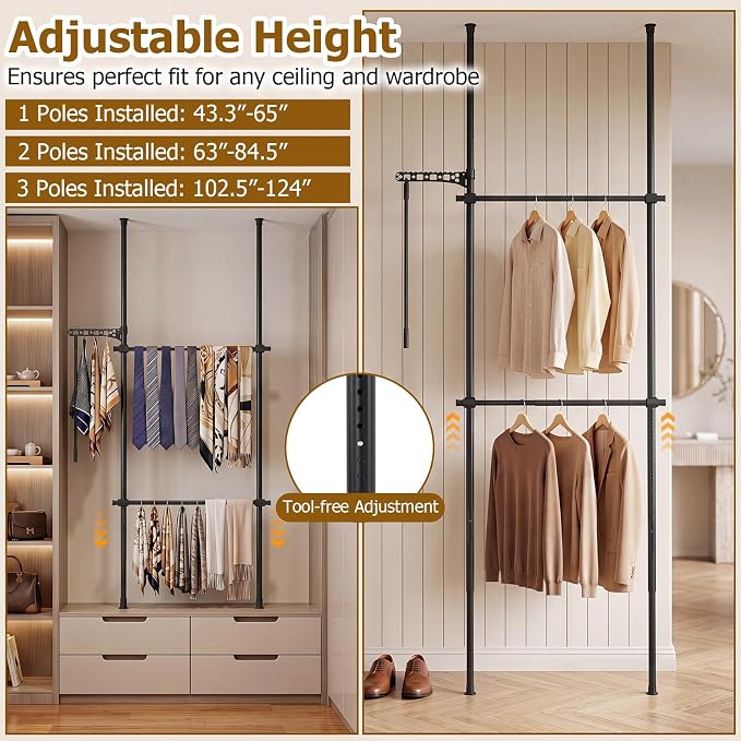 Giantex Floor to Ceiling Clothes Rack, 2 Rods Heavy Duty Garment Rack | Tension Pole Closet System w/ Folding Drying Rack, Reacher Pole, Metal Garment Organizer for Bedroom, Laundry Room, Closet