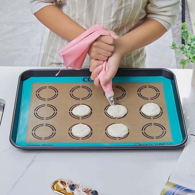 GUYDREMAT 2PCs Half Sheet Silicone Baking Mat Set for Cookie and Macaron - Reusable Premium Food Grade Silicone Macaron Sheets - Heat Resistant Silicone Oven Baking Mat with Measurements for Cookies