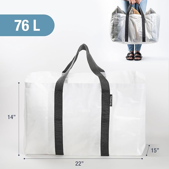 CleverMade XXL Storage Basket Tote, 76L, 2 Pack, Transparent | Open tops speed loading for groceries, laundry, or beach gear. Reinforced handles manage big loads, then bags fold flat.