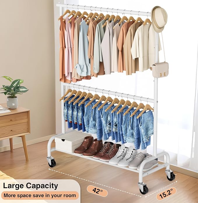 MISSLO Heavy Duty Clothing Racks for Hanging Clothes Rack Double Rod Garment Rack Rolling Closet Wardrobe Rack on Wheels, Metal, Adjustable, White