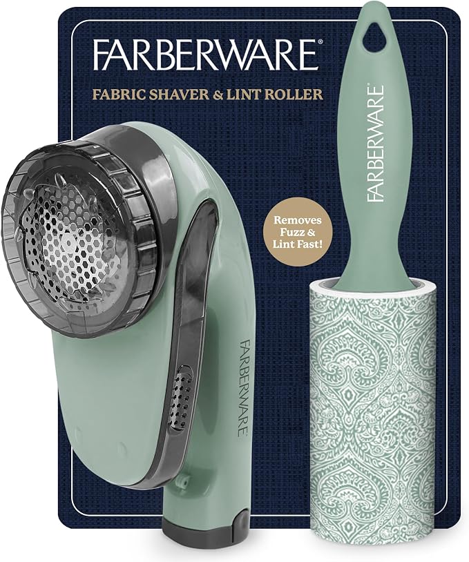 Farberware Fabric Shaver & Lint Roller Set, Large, Portable | Sticky sheets lift pet hair and dust, triple-blade design restores fabrics to like-new condition, for clothing and bedding