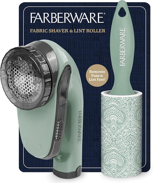 Farberware Fabric Shaver & Lint Roller Set, Large, Portable | Sticky sheets lift pet hair and dust, triple-blade design restores fabrics to like-new condition, for clothing and bedding