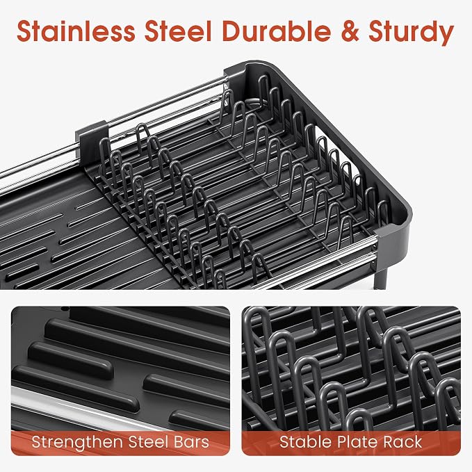 TOOLF Dish Drying Rack Expandable Drainer w/Cutlery & Cup Holder, Black | Stainless Steel &PP, Extenable 12.6" to 18.7"D, Anti-Rust, Auto-Drainage, Space-Saving, Fit for Various Sink Countertops