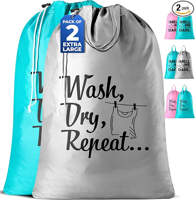 Extra Large Travel Laundry Bag - 2-Pack Fun Print Design Bags for Dirty Clothes - Durable Water-Resistant Fabric - Sturdy Drawstring Closure (Teal-Grey | Wash Dry Repeat)