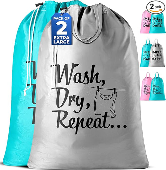 Extra Large Travel Laundry Bag - 2-Pack Fun Print Design Bags for Dirty Clothes - Durable Water-Resistant Fabric - Sturdy Drawstring Closure (Teal-Grey | Wash Dry Repeat)