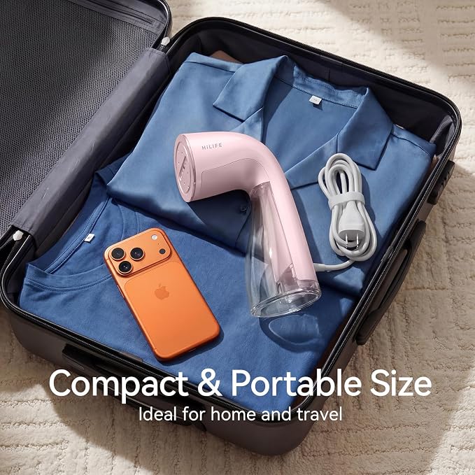 HiLIFE Steamer for Clothes, Portable Handheld Design, 240ml Big Capacity, 700W, Strong Penetrating Steam, Removes Wrinkle, for Home, Office and Travel(ONLY FOR 120V) (Pink)