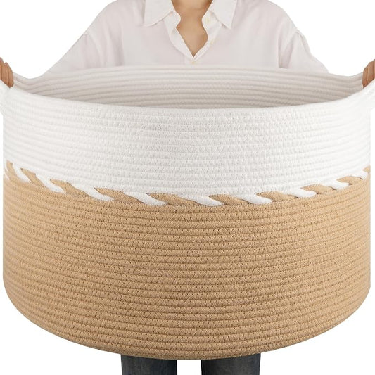 OIAHOMY 90L Extra Large Blanket Basket - Decorative Cotton Rope Storage Basket for Bedroom, Living Room & Nursery - Woven Laundry Hamper for Organizing Blankets, Clothes & Toys - Yellow & White